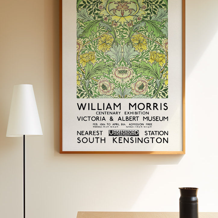 Green floral art by William Morris. Reproduction of a vintage exhibition poster from 1934. 
