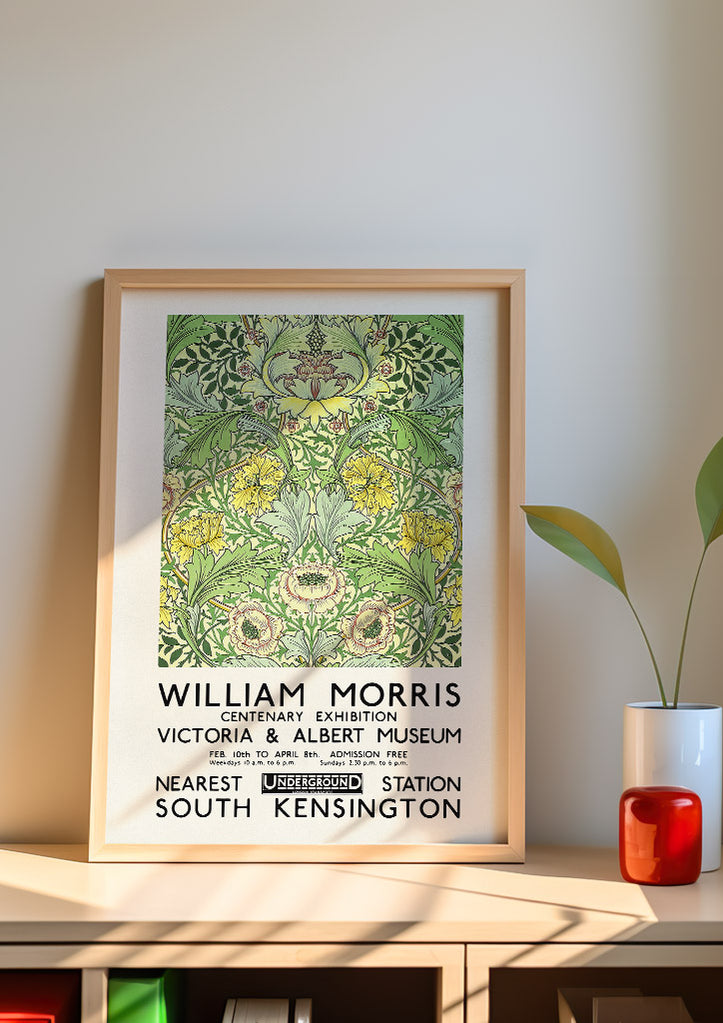 Green floral art by William Morris. Reproduction of a vintage exhibition poster from 1934. 
