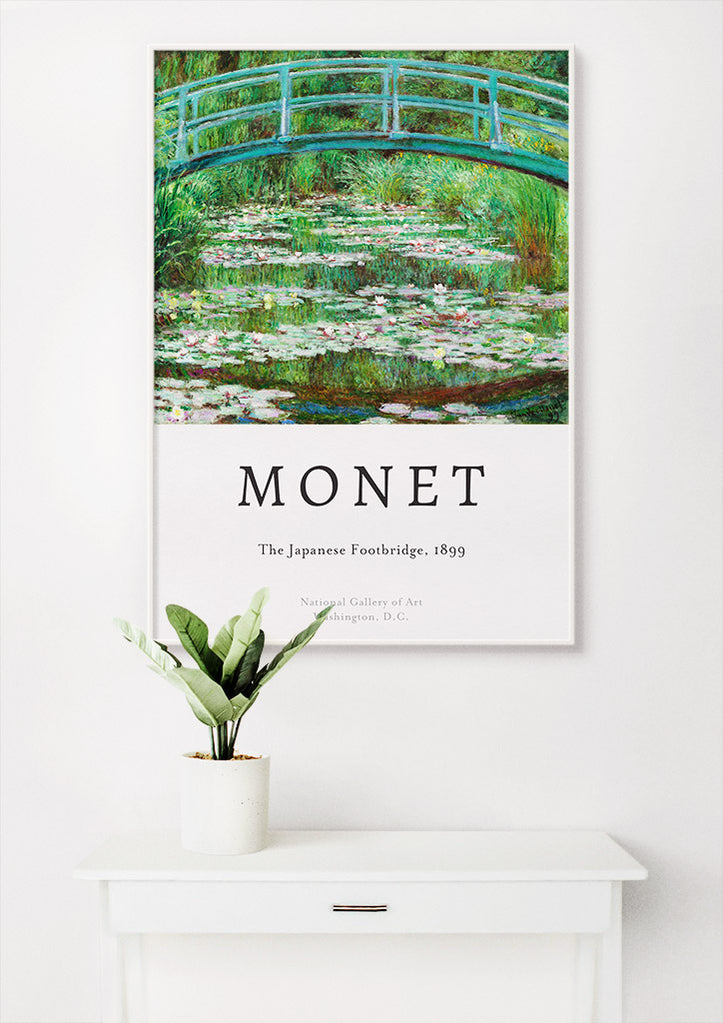 Claude Monet impressionist art poster, featuring his masterpiece 'The Japanese Footbridge' from 1893.