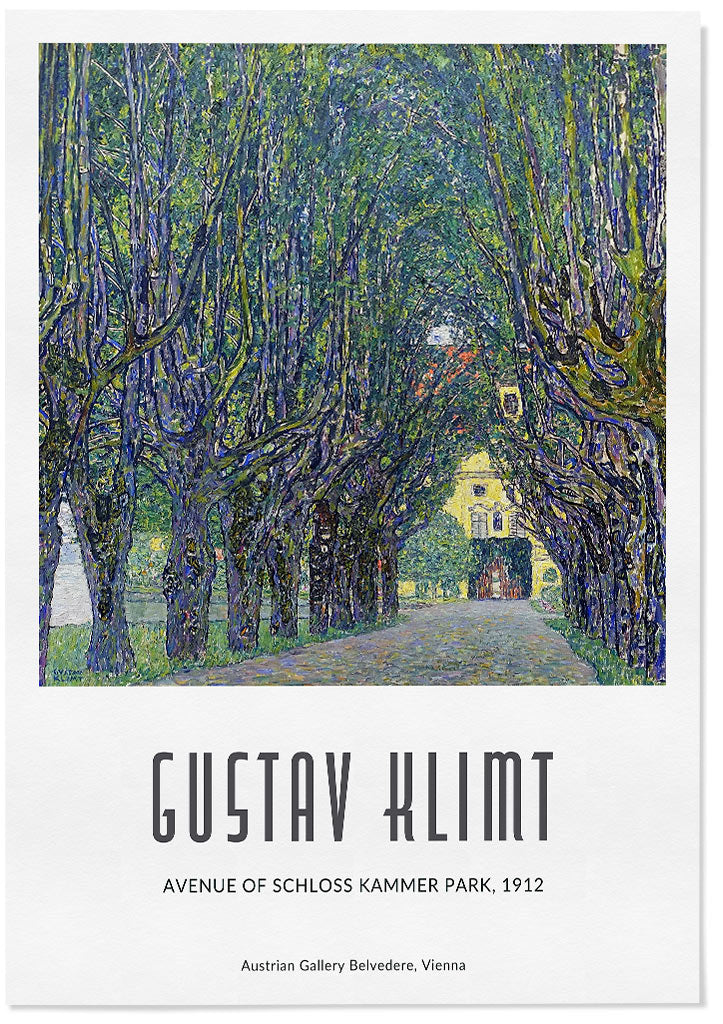 Gustav Klimt art nouveau poster featuring his landscape painting 'Avenue of Schloss Kammer Park' from 1912.