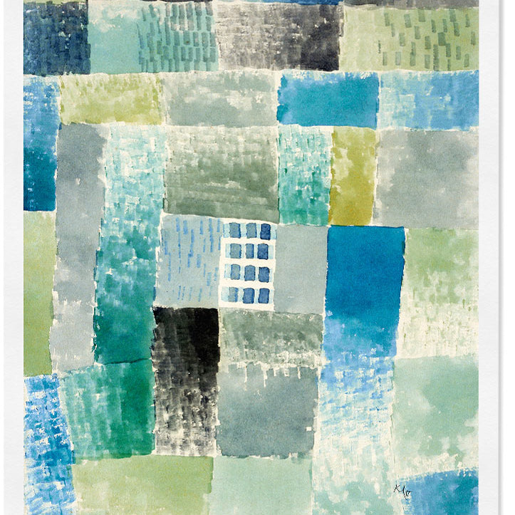 Modern art exhibition poster featuring Paul Klee's 'First House in the Settlement' painting.