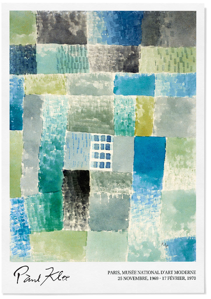 Modern art exhibition poster featuring Paul Klee's 'First House in the Settlement' painting.