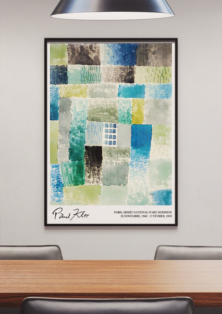 Modern art exhibition poster featuring Paul Klee's 'First House in the Settlement' painting.