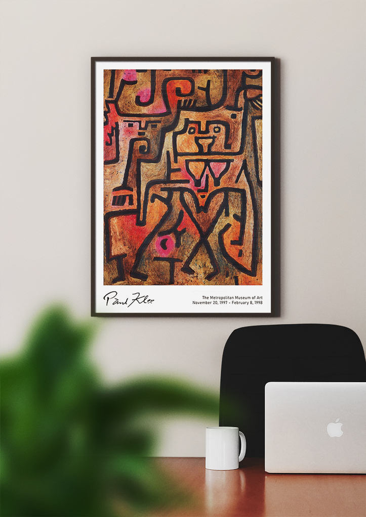 Abstract art exhibition poster featuring Paul Klee's 'Forest Witches' painting.