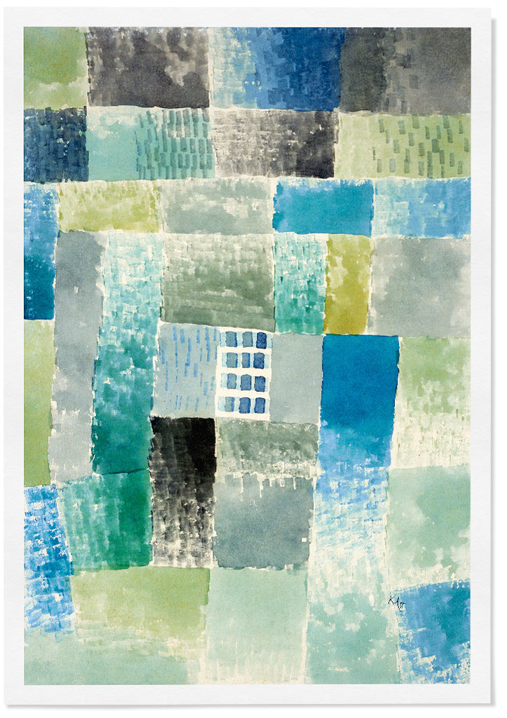 Abstract art poster featuring Paul Klee's 'First House in the Settlement' painting.