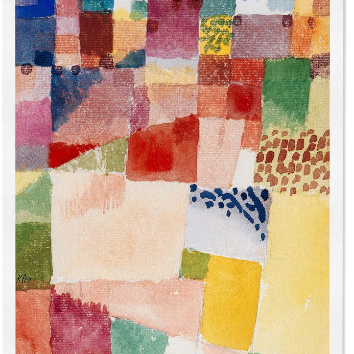 Abstract exhibition poster featuring Paul Klee's 'Motif from Hammamet' painting.