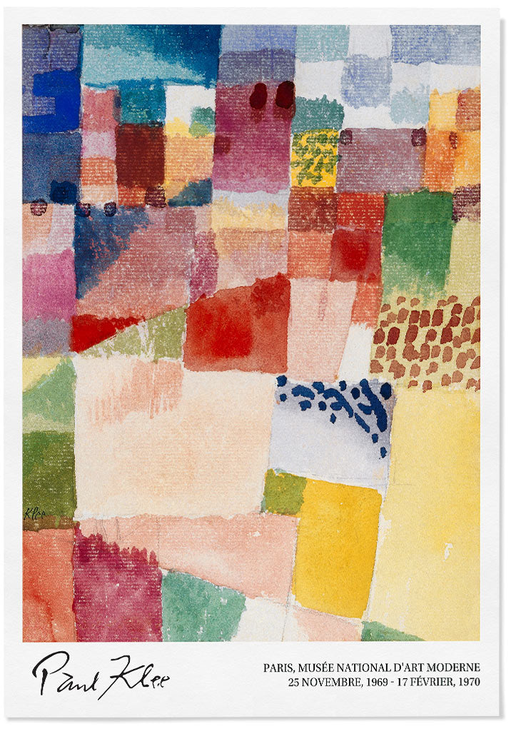 Abstract exhibition poster featuring Paul Klee's 'Motif from Hammamet' painting.