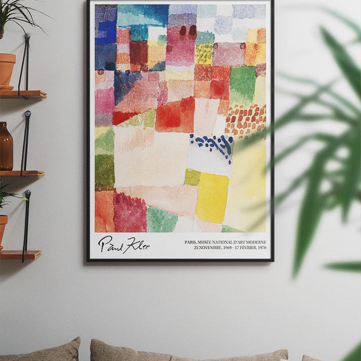 Abstract exhibition poster featuring Paul Klee's 'Motif from Hammamet' painting.