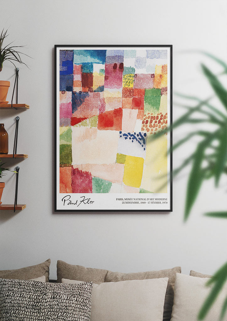 Abstract exhibition poster featuring Paul Klee's 'Motif from Hammamet' painting.