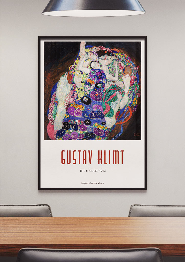 Gustav Klimt poster featuring his artwork 'The Maiden (Die Jungfrau)' from 1913.