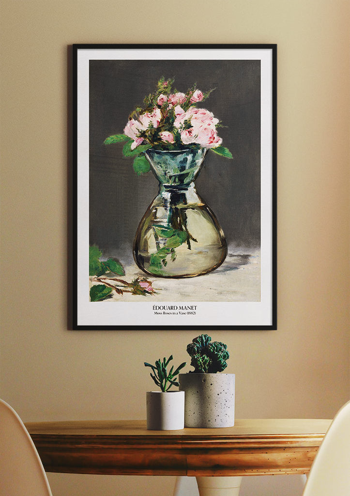 A beautiful art print by Édouard Manet featuring his painting 'Moss Roses in a Vase' from 1882.
