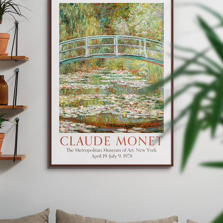 Claude Monet art poster featuring his masterpiece 'Bridge Over a Pond of Water Lilies'.