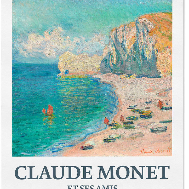 Claude Monet (1840-1926) exhibition poster for Musee Marmottan, featuring his painting 'Étretat: The Beach and the Falaise d’Amont' from 1885.