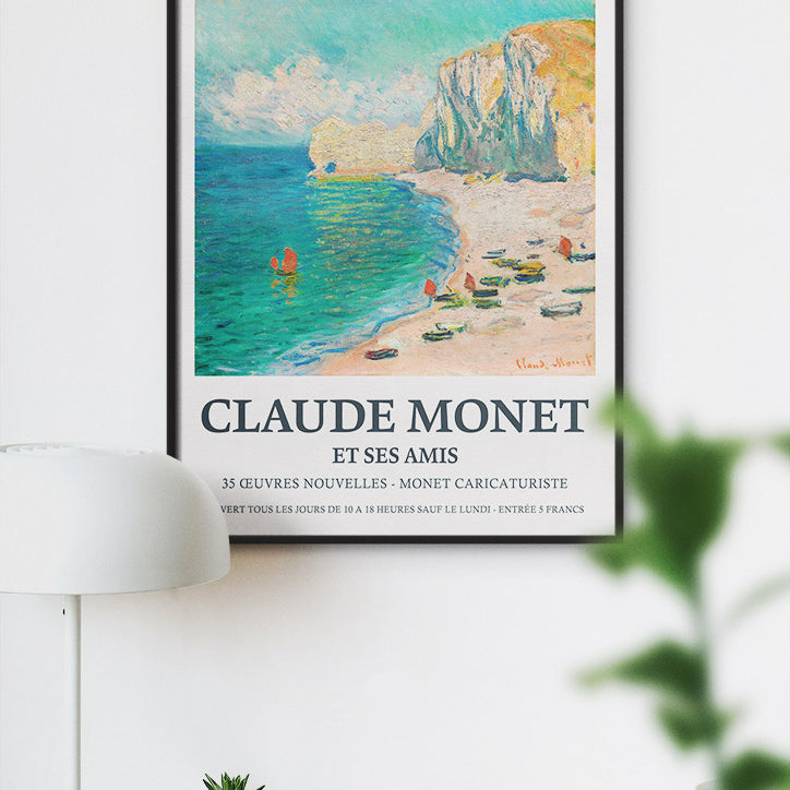Claude Monet (1840-1926) exhibition poster for Musee Marmottan, featuring his painting 'Étretat: The Beach and the Falaise d’Amont' from 1885.