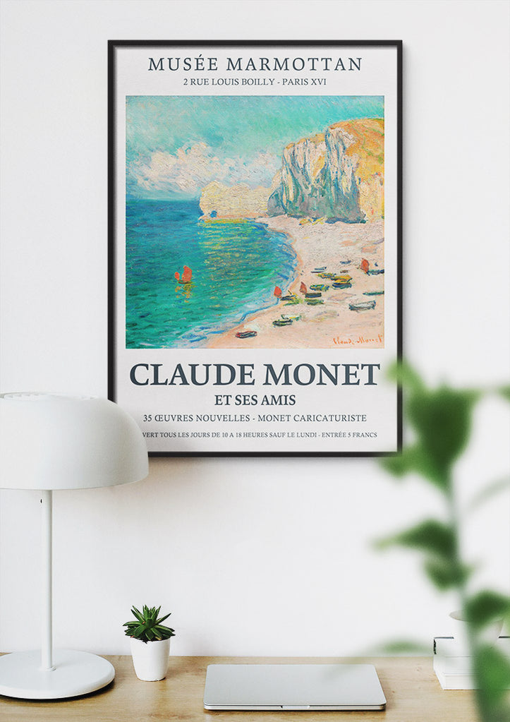 Claude Monet (1840-1926) exhibition poster for Musee Marmottan, featuring his painting 'Étretat: The Beach and the Falaise d’Amont' from 1885.