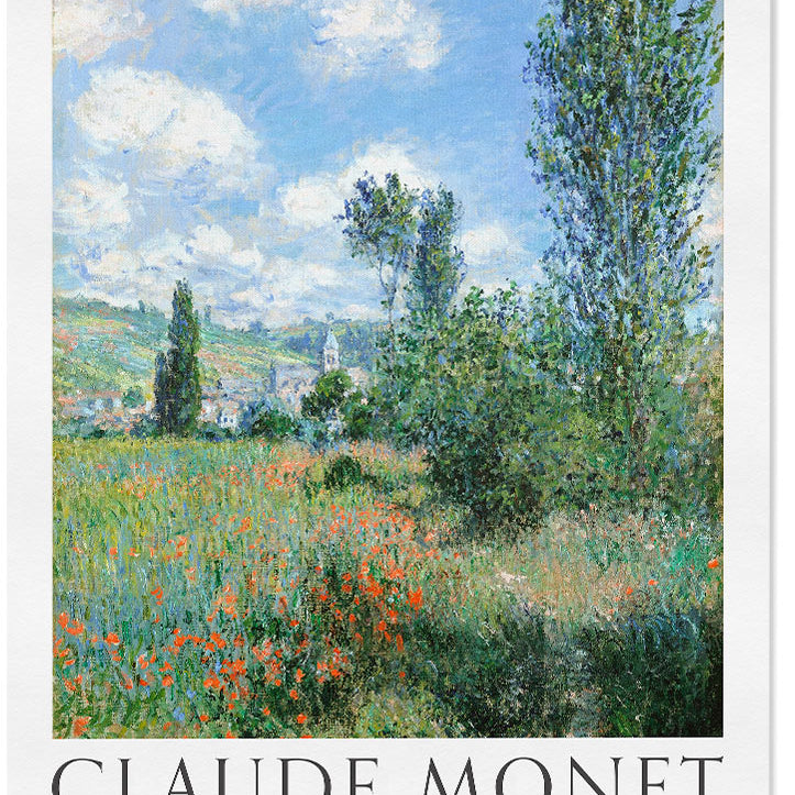 Claude Monet exhibition poster, featuring his landscape painting 'View of Vétheuil' from 1897. Claude Monet View of Vétheuil Poster