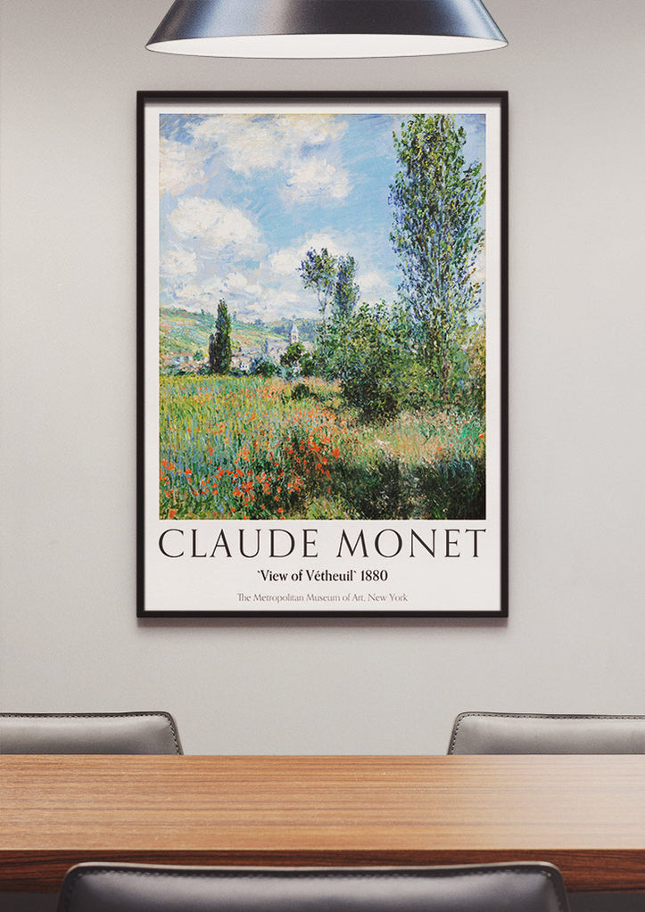 Claude Monet exhibition poster, featuring his landscape painting 'View of Vétheuil' from 1897. Claude Monet View of Vétheuil Poster