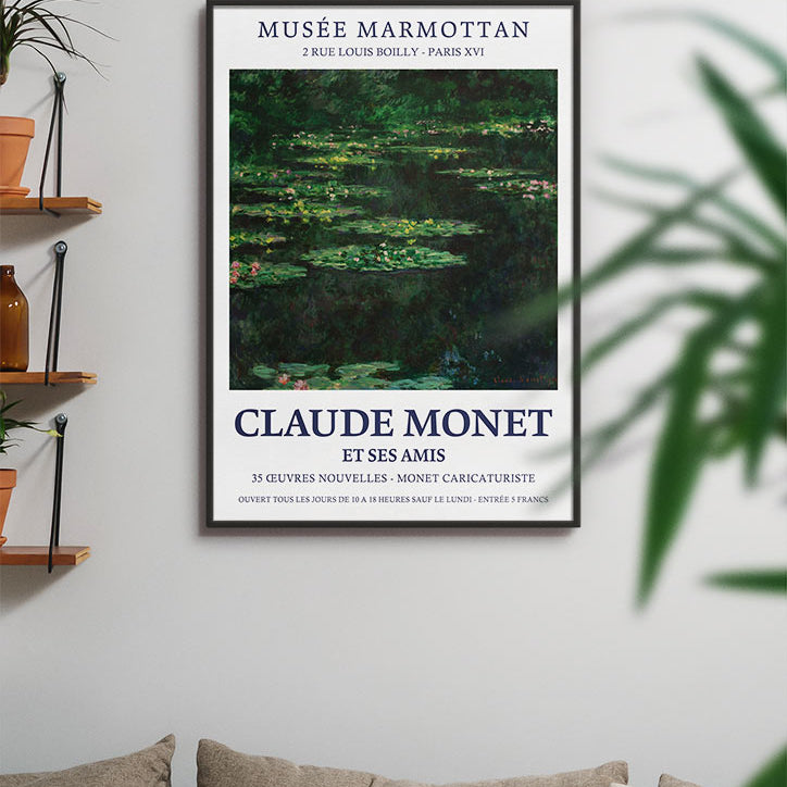 A vintage style Claude Monet exhibition poster featuring one of his paintings from the 'Water Lilies' series.