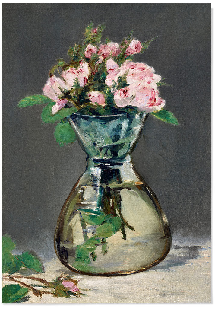 A beautiful art print by Édouard Manet featuring his painting 'Moss Roses in a Vase' from 1882.