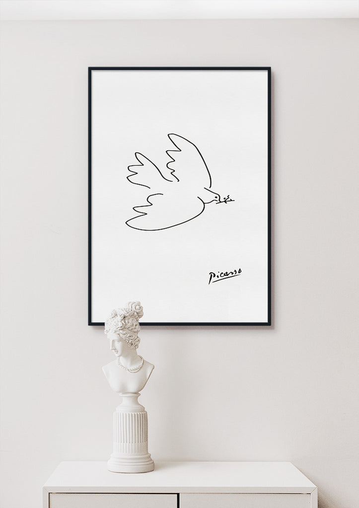 Pablo Picasso art poster showing his drawing the 'Dove of Peace'.