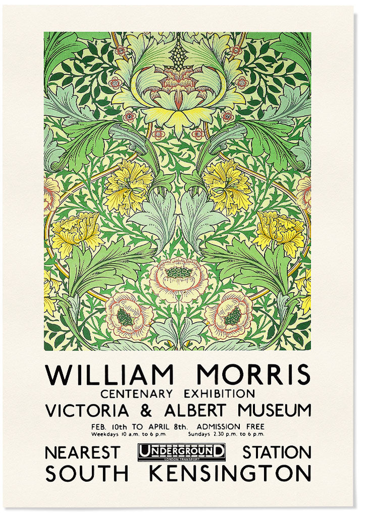 Green floral art by William Morris. Reproduction of a vintage exhibition poster from 1934. 