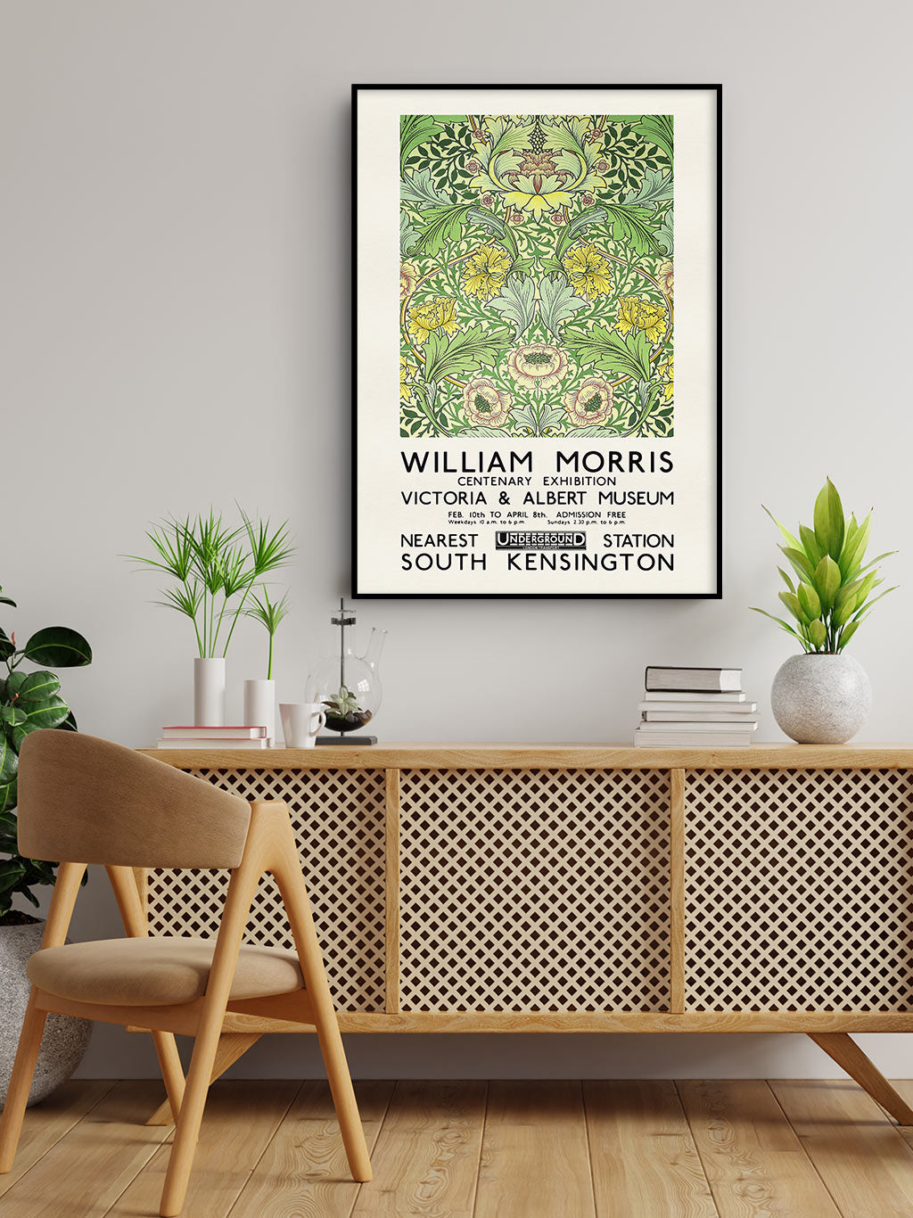 Green floral art by William Morris. Reproduction of a vintage exhibition poster from 1934. 