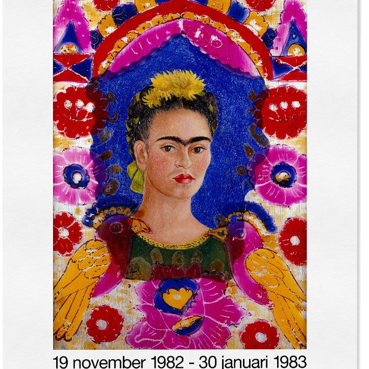 Frida Kahlo exhibition poster showing her painting The Frame
