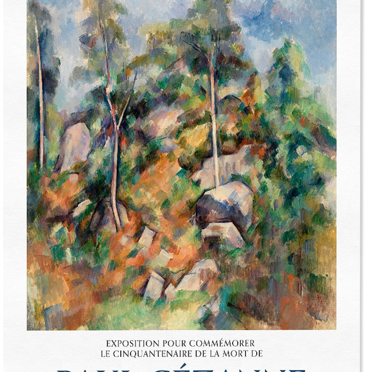 Paul Cezanne Rocks and Trees painting, mid century modern art exhibition poster