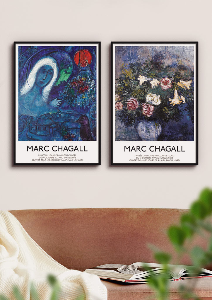 Chagall print set of 2 posters, fields of mars and leaning over flowers floral still life painting