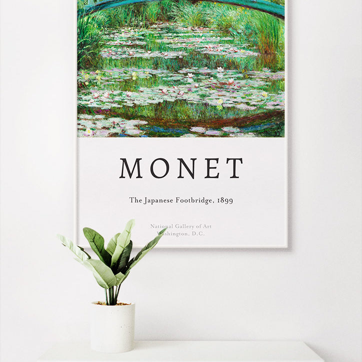 Claude Monet impressionist art poster, featuring his masterpiece 'The Japanese Footbridge' from 1893. 
