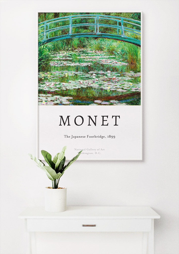 Claude Monet impressionist art poster, featuring his masterpiece 'The Japanese Footbridge' from 1893. 