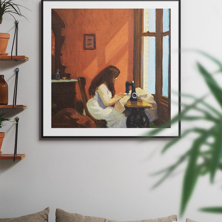 Edward Hopper Girl at Sewing Machine square poster, Mid Century Modern printed wall art for home or office decor
