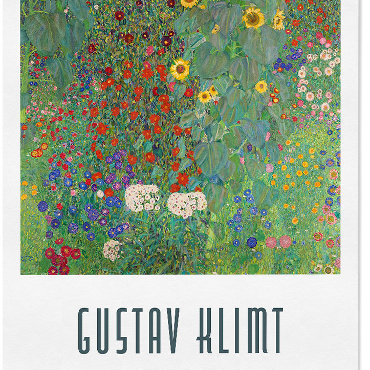 Gustav Klimt art print featuring his artwork 'Farm Garden with Sunflowers' from 1907. 