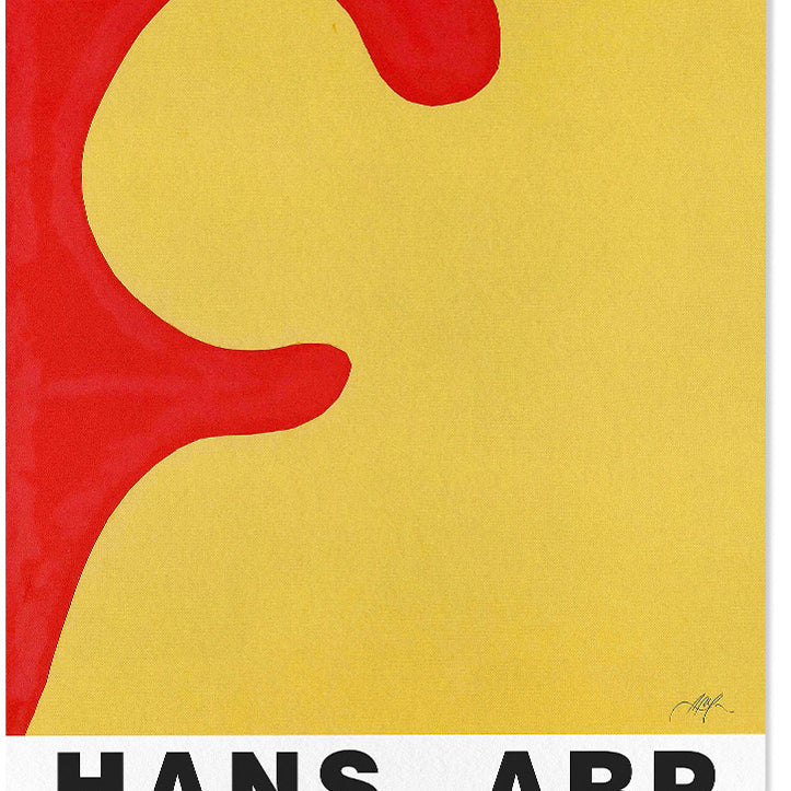 Hans Arp exhibition poster in red and yellow colours