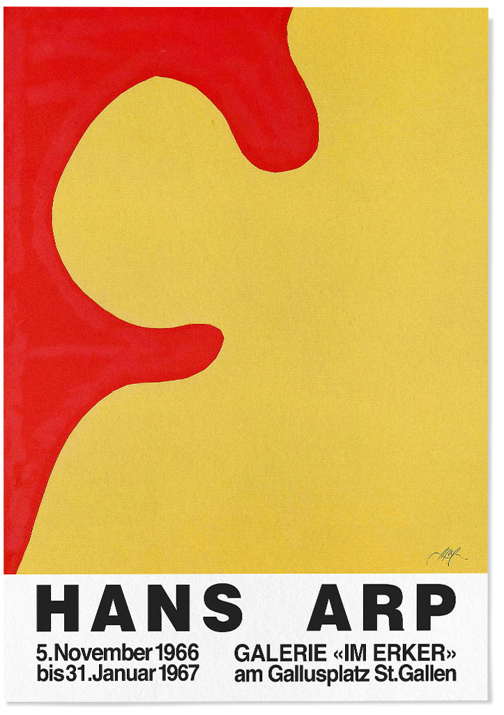 Hans Arp exhibition poster in red and yellow colours