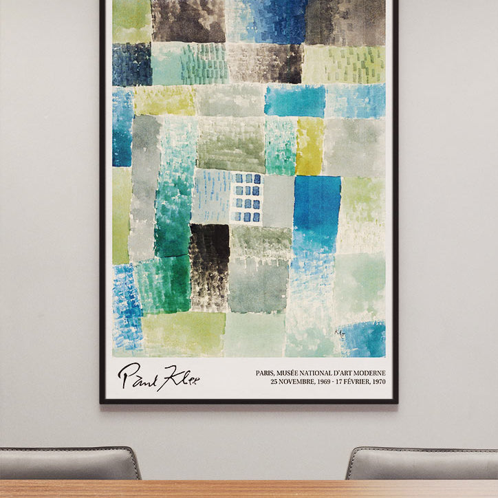 Modern art exhibition poster featuring Paul Klee's 'First House in the Settlement' painting. 