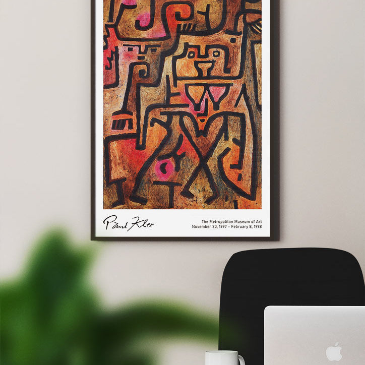 Abstract art exhibition poster featuring Paul Klee's 'Forest Witches' painting. 