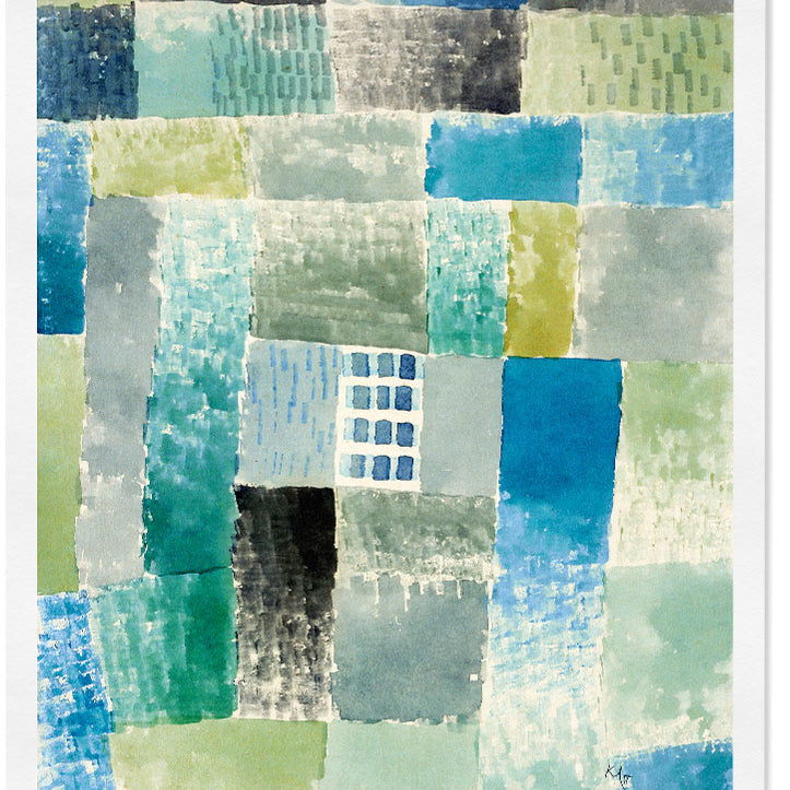 Abstract art poster featuring Paul Klee's 'First House in the Settlement' painting. 
