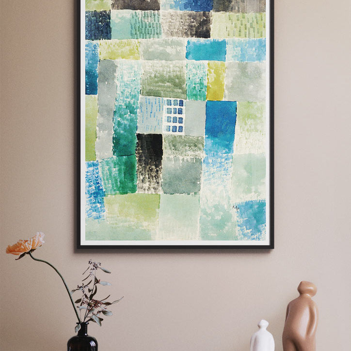 Abstract art poster featuring Paul Klee's 'First House in the Settlement' painting. 