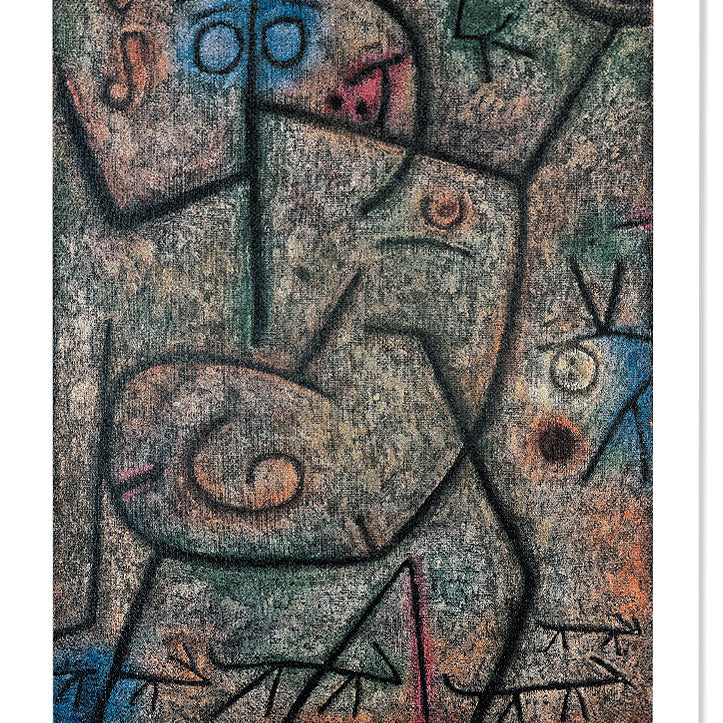 Modern art exhibition poster featuring Paul Klee's 'Rumors' painting.