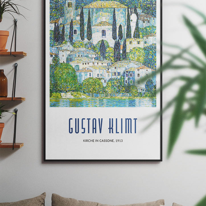 Gustav Klimt art poster featuring his painting 'Kirche in Cassone' from 1913.