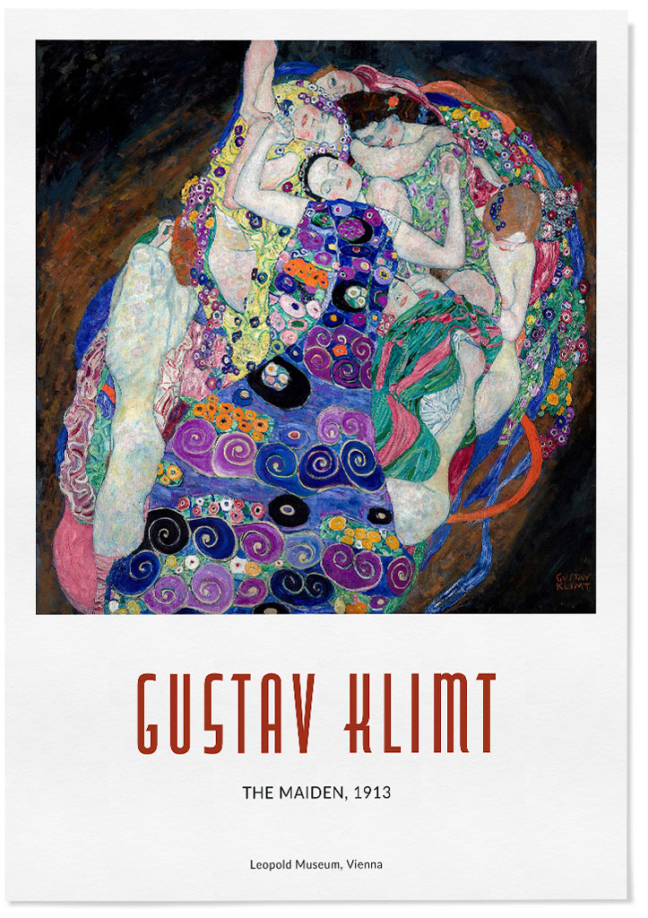 Gustav Klimt poster featuring his artwork 'The Maiden (Die Jungfrau)' from 1913. 