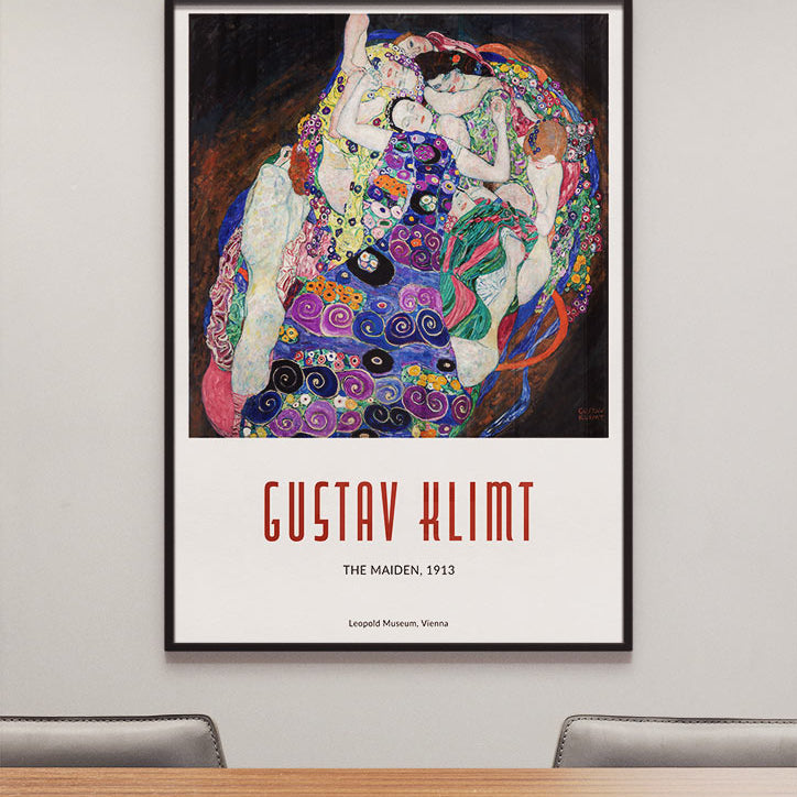Gustav Klimt poster featuring his artwork 'The Maiden (Die Jungfrau)' from 1913. 