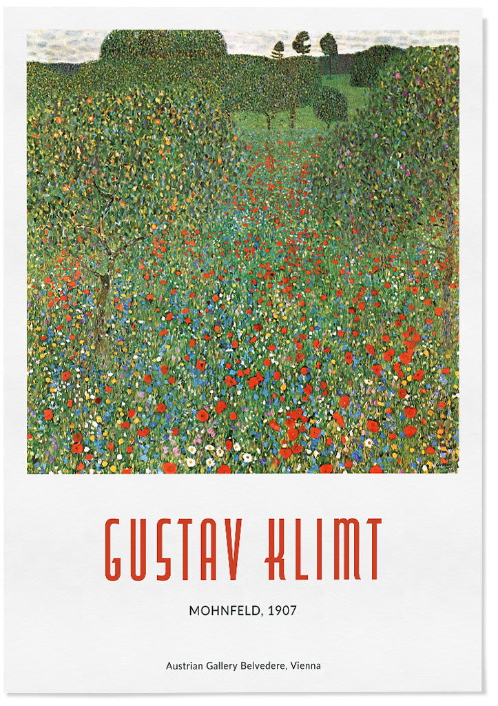Gustav Klimt poster featuring his artwork 'Mohnfeld' from 1907. 