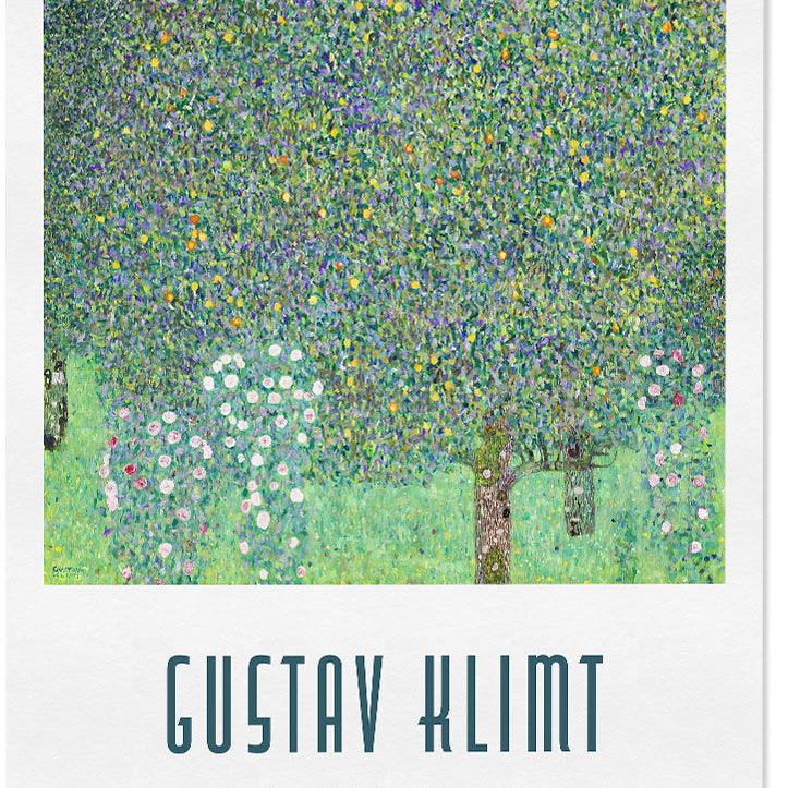 Gustav Klimt poster featuring his artwork 'Rose Bushes Under Trees' from 1905.