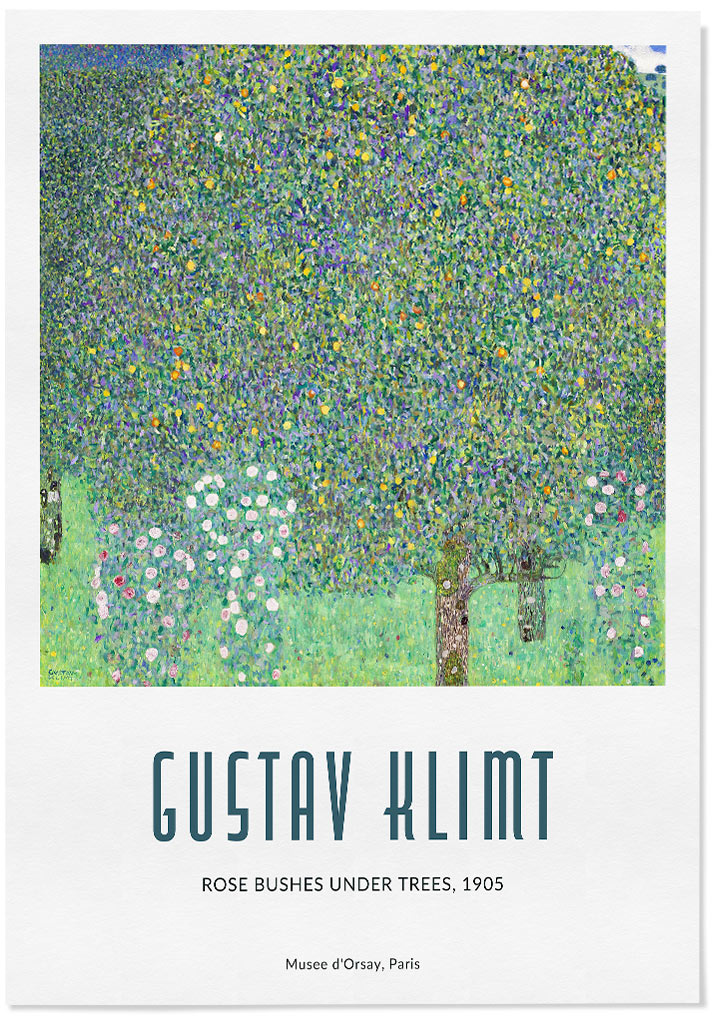 Gustav Klimt poster featuring his artwork 'Rose Bushes Under Trees' from 1905.