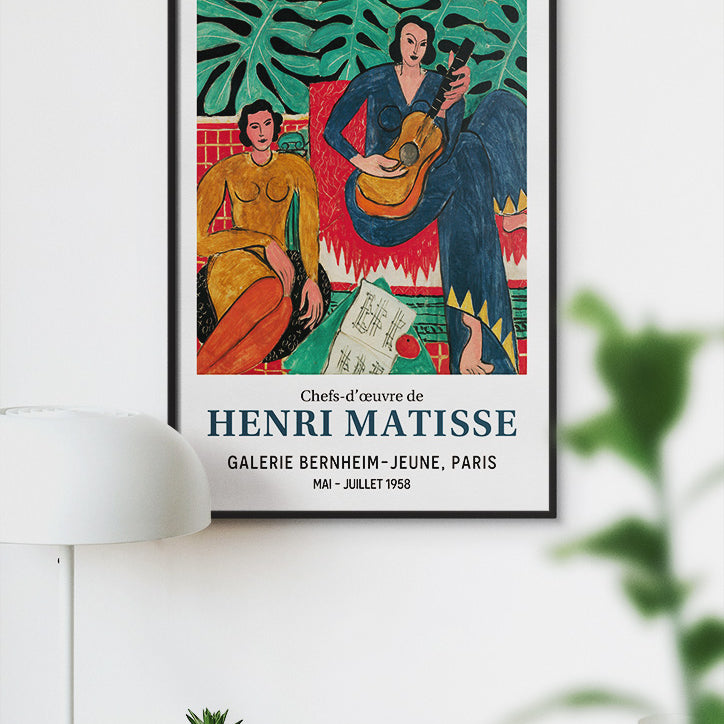 This Henri Matisse exhibition poster showcases his renowned painting, La Musique.