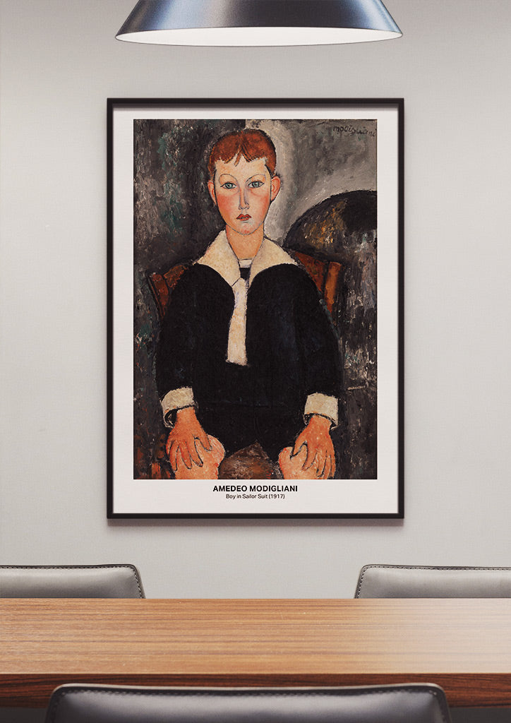 Amedeo Modigliani mid-century modern exhibition poster featuring his painting 'Boy in Sailor Suit.'