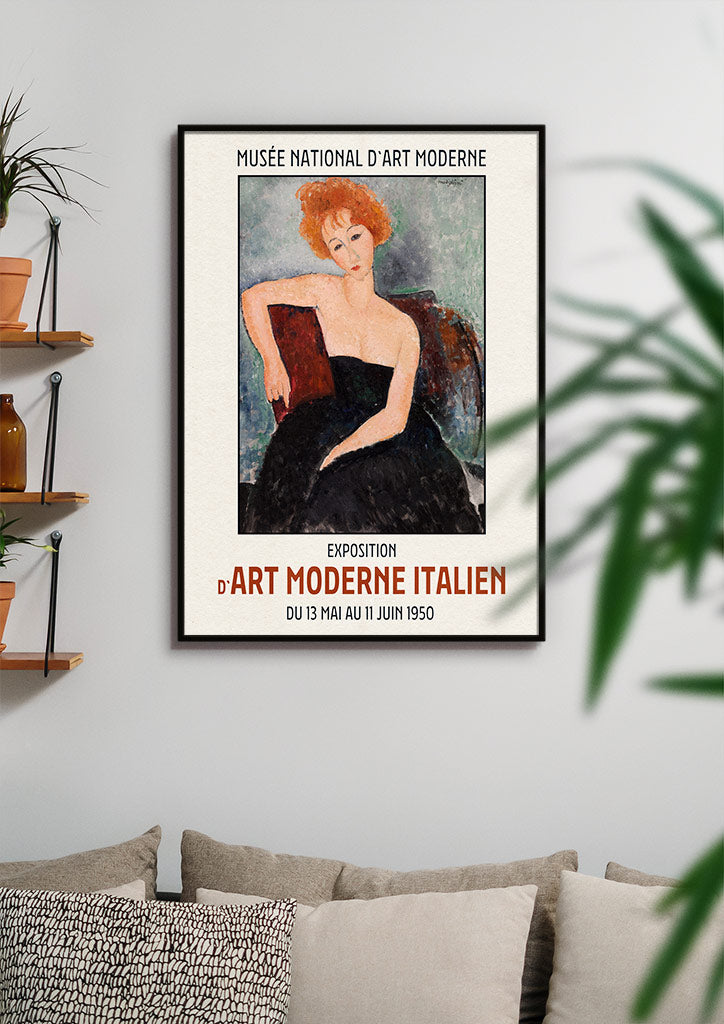 Amedeo Modigliani exhibition posters featuring his painting 'Portrait of the Red-Headed Woman'.
