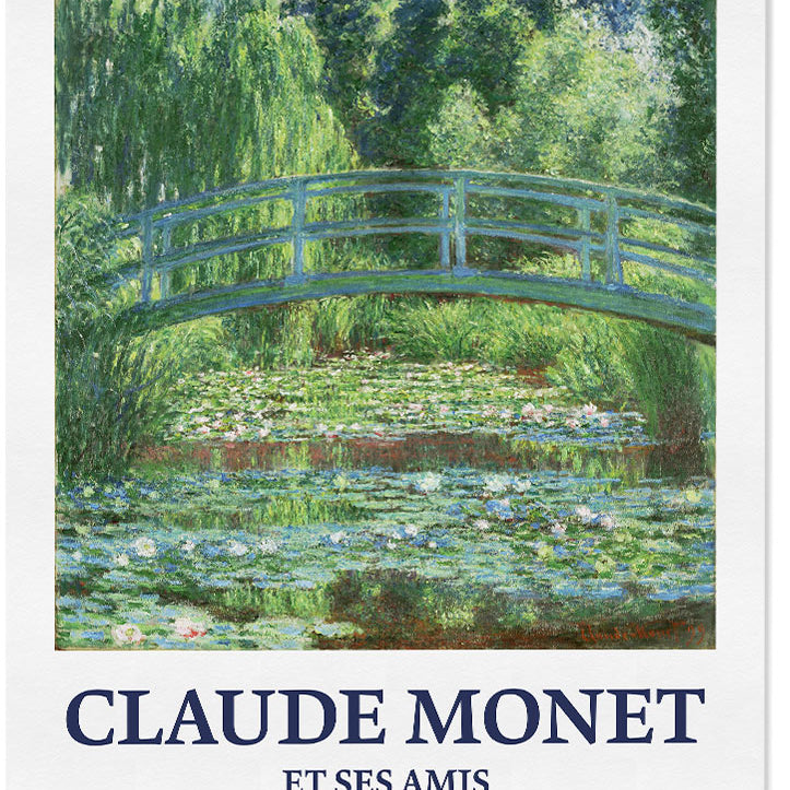 A vintage looking Claude Monet exhibition poster featuring one of his paintings from the 'Water Lilies' series.